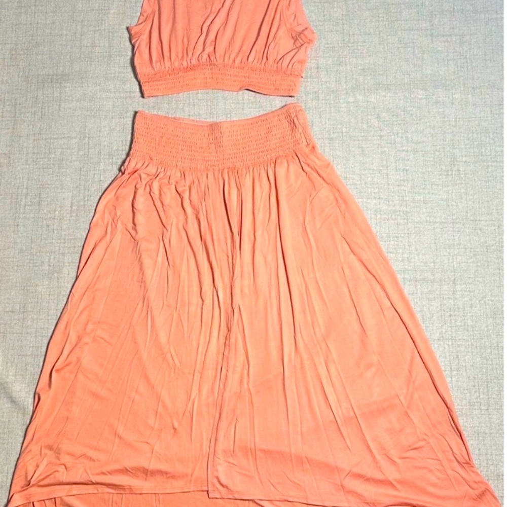 Women's Two-Piece Smocked Waist Skirt Set in Coral